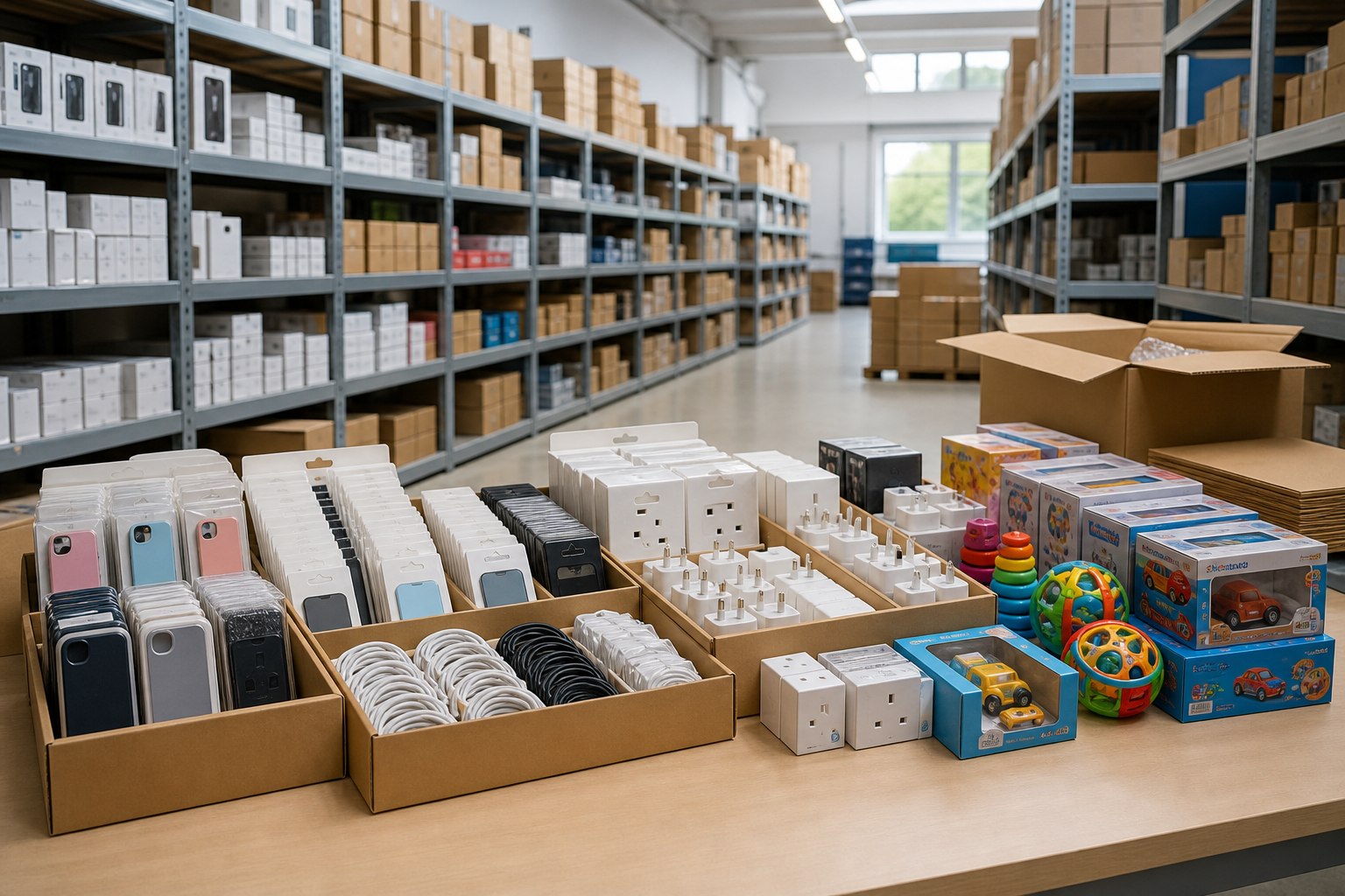 Toys, phone cases, cables and plugs prepared for a trade order